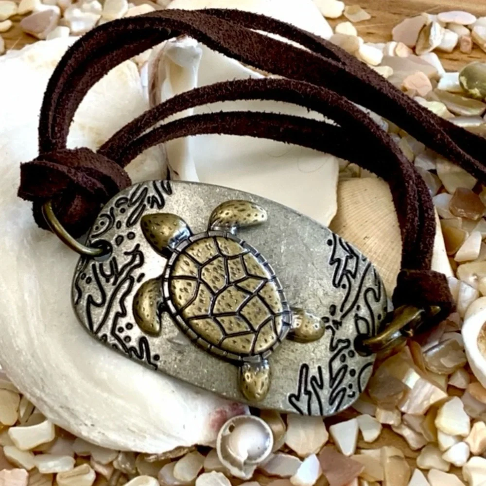 Sea Turtle 2-tone Vintage Coastal Leather Bracelet - Picture 7 of 7